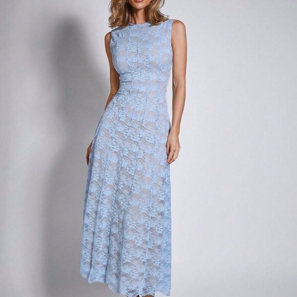 Blue Elegant Women's Lace Sleeveless Mid-Length Dress - Picture 3 of 7